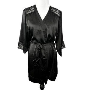 H&M Robe Black Satin Lace size XS S Tie Waist Kimono Loungewear